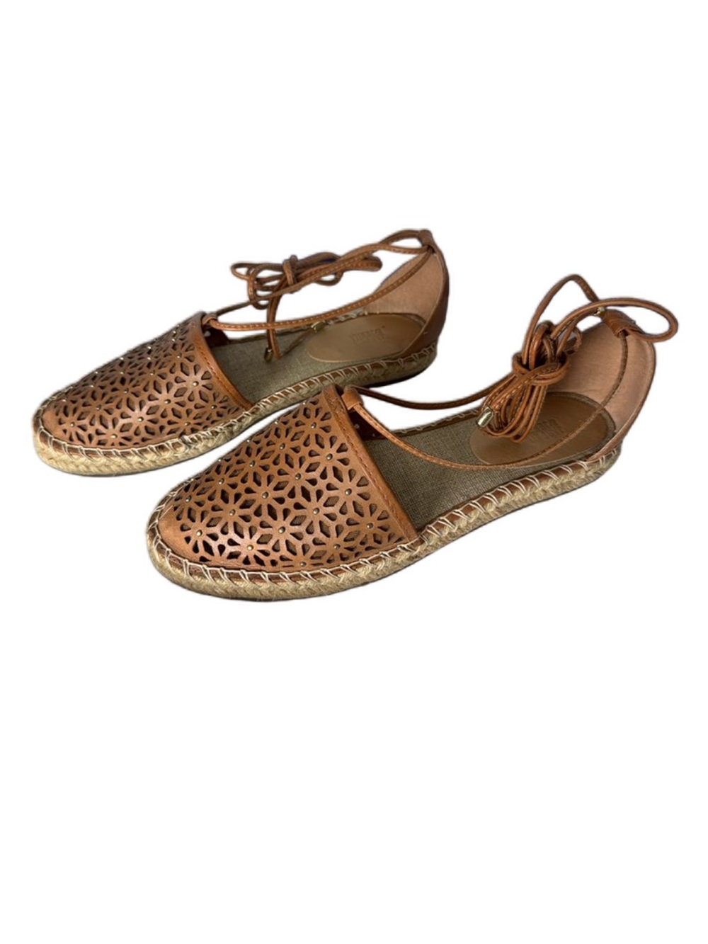 Laser-Cut Tan Espadrille Flats with Ankle Tie